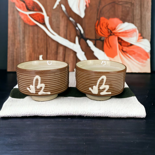 Brown White Pottery Asian Soup Rice Cups Bowls Set of 2