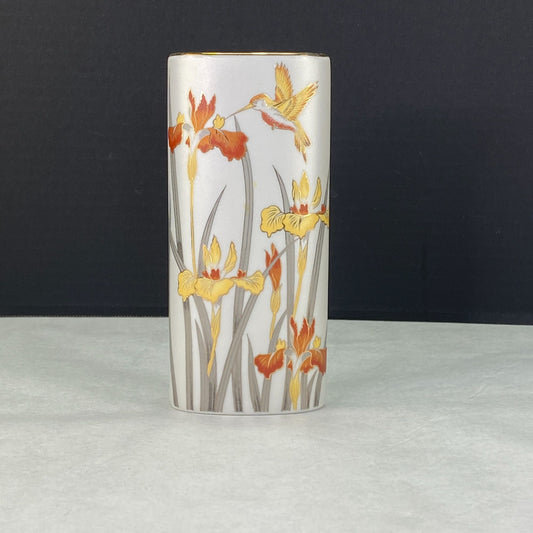 Humming Bird Iris Flowers Gold Trim Oval Vase Japan