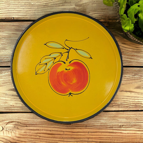 Vintage Lacquer Ware DaVar Japan Yellow Round Tray with Red Apple