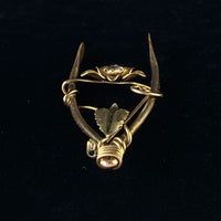 Vintage Gold Tone Wishbone Flower Brooch Pin with Rhinestone