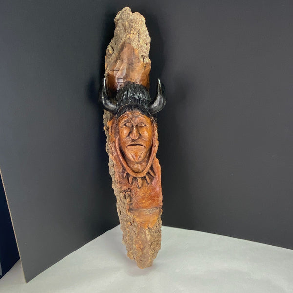 Vintage Hand Carved Tree Spirit Wall Decor Wood American Indian Horns