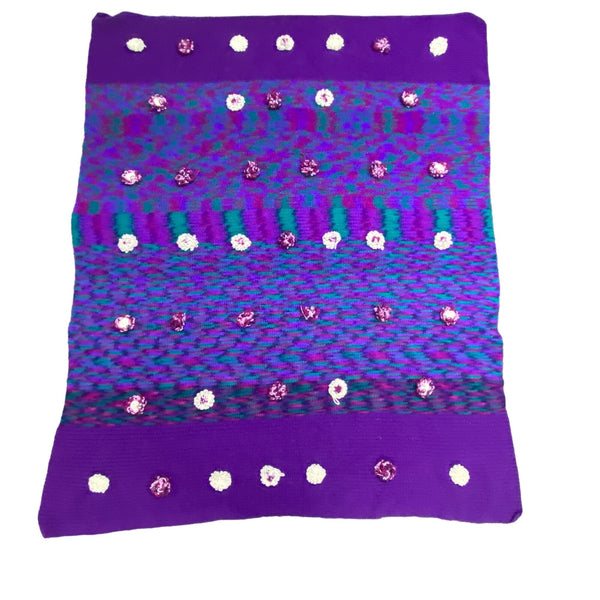Handmade Knit Afghan Blanket Purple Green White Pom Pom Flowers 68x84