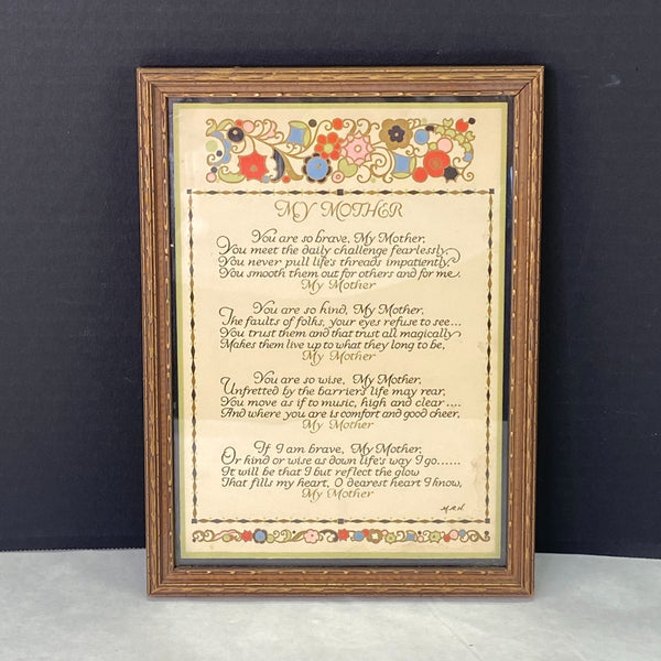 Vintage 1929 My Mother Poem Framed Wall Décor