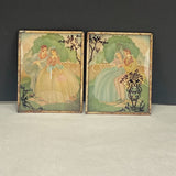 Vintage Reverse Paint Convex Glass Man Woman Sitting On Bench Framed Picture Set