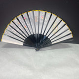 Vintage Black Lacquer Embroidered Pagoda Geisha Folding Fan