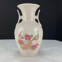 Vintage Asian Style Flower Urn Vase Peacocks Pink Green Ivory White