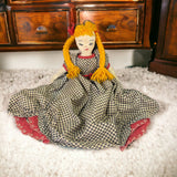 Vintage Hand Crafted Fabric Bed Sitting Pillow Doll Yarn Pigtails