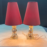 Vintage Glass Boudoir Table Lamps Red Lampshades Set of 2