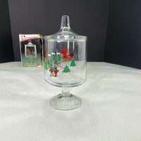 Vintage The Joy Of Christmas Glass Footed Candy Jar Carlton Glass 1987