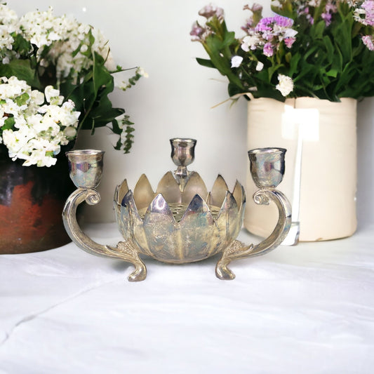 Silverplate Lotus Candle Holder Flower Frog with Original Box