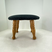 Vintage Round Wood Black Fabric 4 Spindle Leg Foot Stool