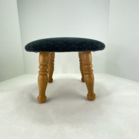 Vintage Round Wood Black Fabric 4 Spindle Leg Foot Stool