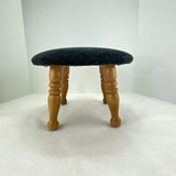 Vintage Round Wood Black Fabric 4 Spindle Leg Foot Stool