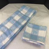 Blue White Floral Checkered Cotton Rectangle Tablecloth 4 Napkins