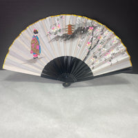 Vintage Black Lacquer Embroidered Pagoda Geisha Folding Fan