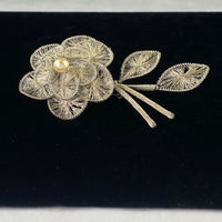 Vintage Spun Wire Silver Tone Flower Faux Pearl Brooch Pin