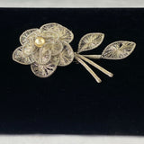 Vintage Spun Wire Silver Tone Flower Faux Pearl Brooch Pin