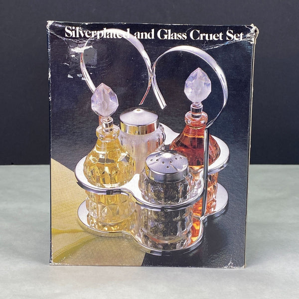 Vintage Silverplate Oil Vinegar Cruet Salt Pepper Set New Old Stock