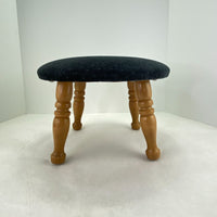 Vintage Round Wood Black Fabric 4 Spindle Leg Foot Stool