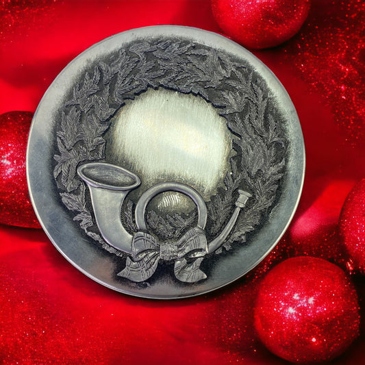 Vintage Metzke Pewter Wreath French Horn Cookie Christmas Tin