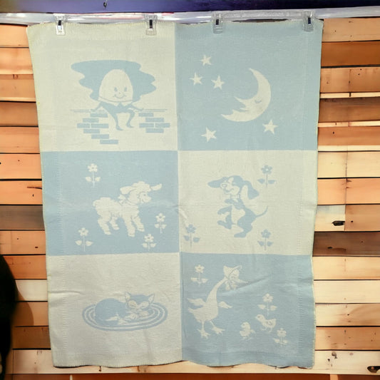 Vintage Baby Blanket Nursery Rhymes Blue White