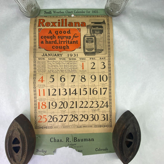 1931 Rexall Drugs Advertising Weather Chart Wall Calendar Sterling Colorado