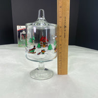 Vintage The Joy Of Christmas Glass Footed Candy Jar Carlton Glass 1987