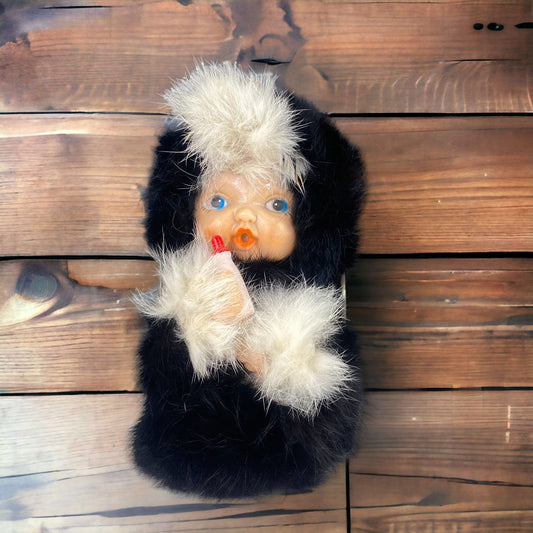 Vintage Eskimo Baby Doll Rubber Face Hands Real Fur with Bottle