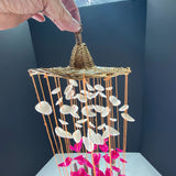 Vintage Wicker Sea Shell Urchin Spine Wind Chime Pink White 18"