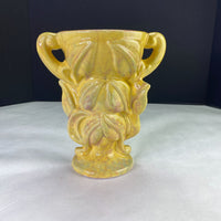 Vintage Gonder Pottery Double Handle Leaf and Vine Vase Yellow Pink