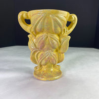 Vintage Gonder Pottery Double Handle Leaf and Vine Vase Yellow Pink