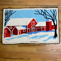 Hand Made Christmas Rug Mat Farm Barn Winter Scene 23x36