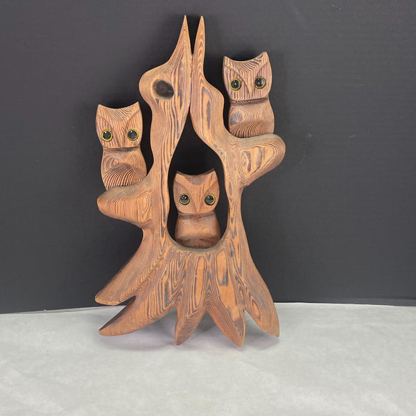 Vintage Retro Wood Art 3 Owls on Branch Wall Décor