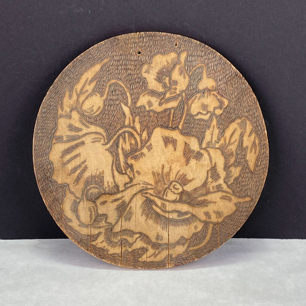 Antique Flemish Art Nouveau Pyrography Flowers Decor