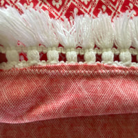 Vintage Handmade Red White Fabric Oval Tablecloth Fringes