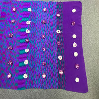 Handmade Knit Afghan Blanket Purple Green White Pom Pom Flowers 68x84