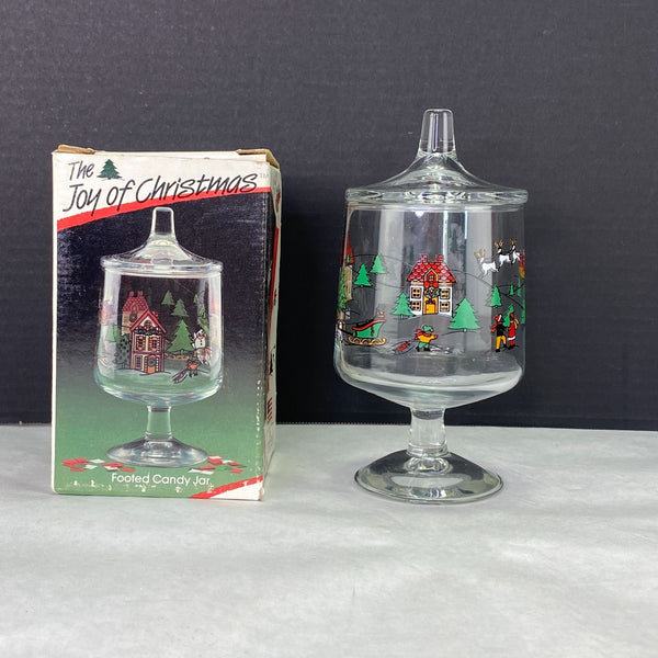 Vintage The Joy Of Christmas Glass Footed Candy Jar Carlton Glass 1987