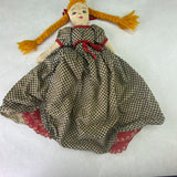 Vintage Hand Crafted Fabric Bed Sitting Pillow Doll Yarn Pigtails