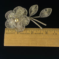 Vintage Spun Wire Silver Tone Flower Faux Pearl Brooch Pin