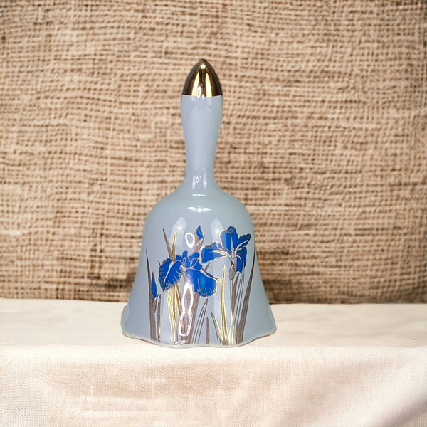 Vintage Otagiri Japan Gray Blue Gold Flower Royal Iris Handbell Bell