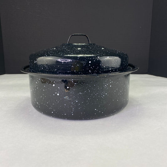 Vintage Speckled Enamelware Round Pot with Lid
