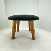 Vintage Round Wood Black Fabric 4 Spindle Leg Foot Stool