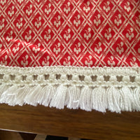Vintage Handmade Red White Fabric Oval Tablecloth Fringes