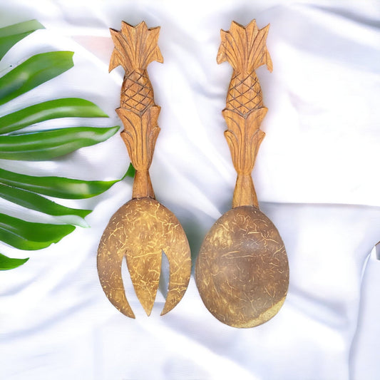 Vintage Carved Wood and Coconut Tropical Serving Salad Fork and Spoon Set