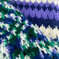 Hand Made Knit Afghan Blanket Blue Purple White Green 45x76