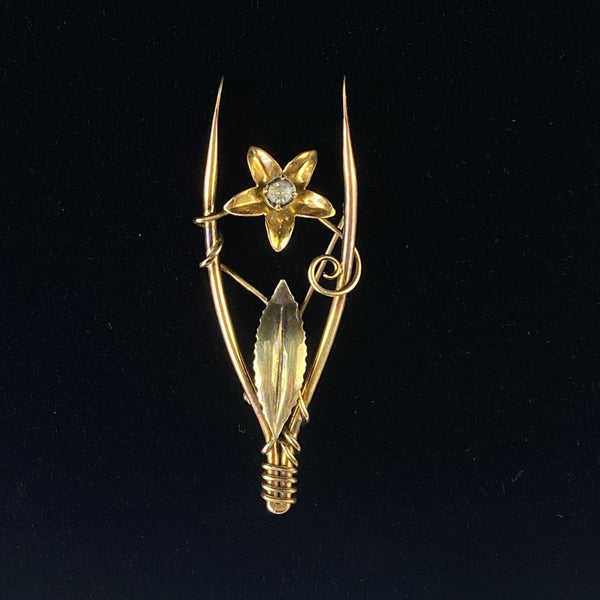 Vintage Gold Tone Wishbone Flower Brooch Pin with Rhinestone