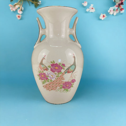 Vintage Asian Style Flower Urn Vase Peacocks Pink Green Ivory White
