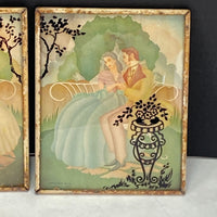 Vintage Reverse Paint Convex Glass Man Woman Sitting On Bench Framed Picture Set