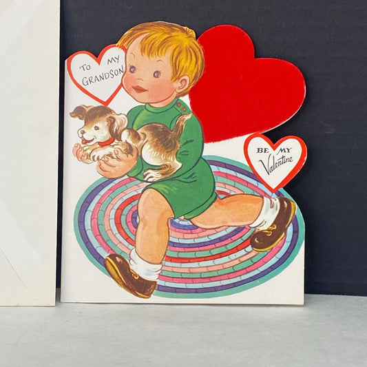 Vintage Whitman Valentine Card Grandson Puppy Flocked Heart with Envelope Unused