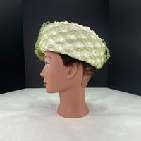 Vintage Woven White Hat Big Green Flower Netting